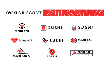 Sushi Vector Logo Set on White Background. Salmon Fish Pattern. Love Japan Cuisine. Heart Shaped Salmon Rolls with Chopsticks for Branding Identity, Banner, Outdoor Advertising, Web, Menu.