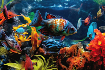 Naklejka na ściany i meble closeup of colorful aquarium, ai generated