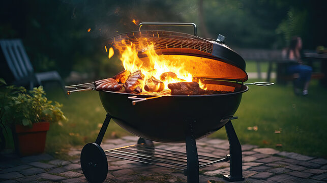 barbeque grill with meat outdoors, ai generated