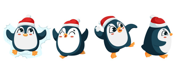Cute penguins in cartoon style and Christmas hats playing with snow. Christmas characters. Vector isolated set