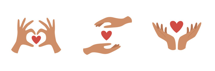 Set of hands holding hearts. Love, care and empathy concept. 