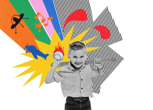 Little playful boy, child in retro clothes holding baseball bat and ball against white background with colorful abstract elements. Contemporary art collage. Concept of childhood, emotions, fun, dreams