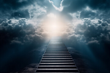  Stairway to Heaven with bright white light on the top. Life after death concept. Generative AI.