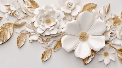 3D Flowers Floral  Wallpaper Wall Art Design Decor White Gold Luxus Premium AI Generated