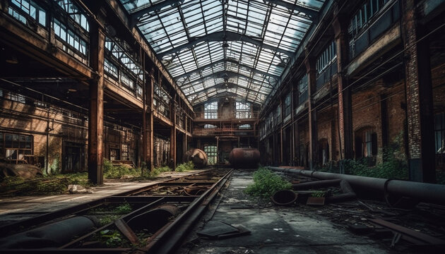 Rusty metal workshop in old abandoned factory generated by AI
