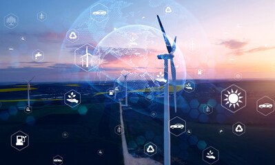 Wind energy and sustainable resources. Renewable energy technology.Sustainable Development Goals (SDGs).Renewable resource technology to reduce pollution and carbon emissions.  - obrazy, fototapety, plakaty