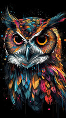 Graphic portrait of an owl on a black background. Colorful, multicolored. Print for printing, tattoo, phone wallpaper, advertising. Generative AI
