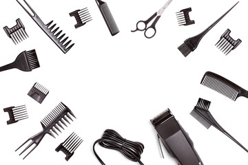 Set of professional hairdressing accessories isolated on white background. Top view. Copy space for text