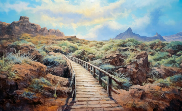 A wooden path leading up to a cliff with an amazing view. Generative Ai Illustration.