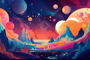 Fantasy alien sci-fi scene, big color block illustration style