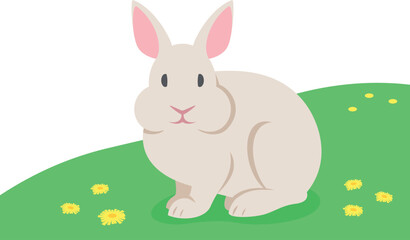 Cute little rabbit sitting on the green grass. Domestic farm animal. Flat cartoon illustration of bunny. Spring meadow background