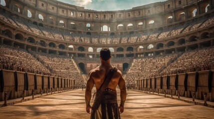 Anchient roman gladiator entering. Generative AI - obrazy, fototapety, plakaty