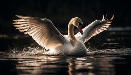 Mute swan spreads wings in tranquil pond generated by AI