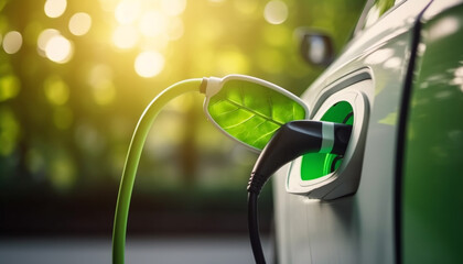 Green handle pumps biofuel for hybrid vehicle generated by AI - obrazy, fototapety, plakaty