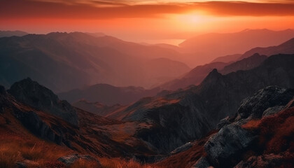 Majestic mountain range, back lit by sunset generated by AI