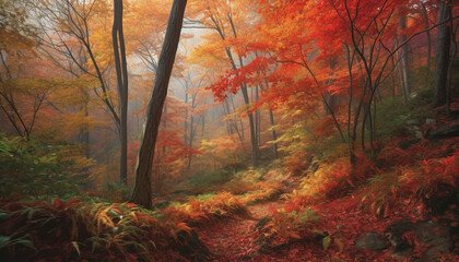 Obraz na płótnie Canvas Vibrant autumn colors paint tranquil forest landscape generated by AI