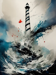 Lighthouse landscape painting. AI generated illustration