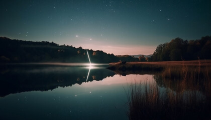 Milky Way galaxy illuminates tranquil forest landscape generated by AI