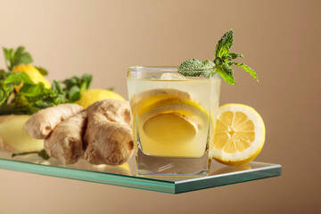 Ginger ale beer cocktail with lemon and mint in a frozen glass.