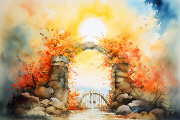 Majestic gates in flowers of paradise. Boundless cloudy shining sky. Door to bright future. Watercolor. Generative AI