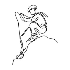 One line vector illustration. Rock climber in equipment crawls up the rock. Minimalism