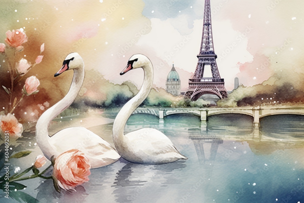 Wall mural a watercolor pair of white swans swims in the river against the backdrop of the eiffel tower. genera