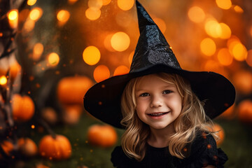 Young girl in a black witch costume with pumpkins. Happy child on Halloween. Generative AI