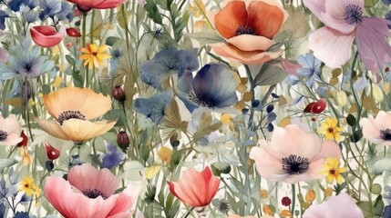 Fototapeta na wymiar Seamless blooming flowers pattern in watercolor paint style