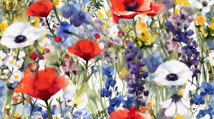 Seamless blooming flowers pattern in watercolor paint style