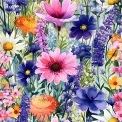 Seamless blooming flowers pattern in watercolor paint style