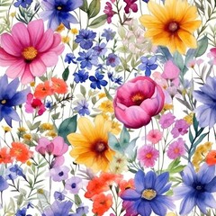 Seamless blooming flowers pattern in watercolor paint style