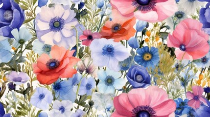Seamless blooming flowers pattern in watercolor paint style