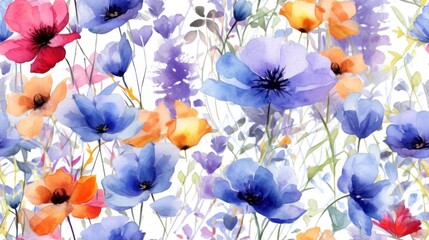 Seamless blooming flowers pattern in watercolor paint style