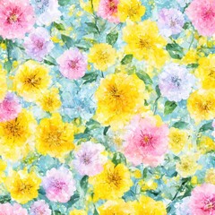Seamless blooming flowers pattern in watercolor paint style
