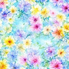 Seamless blooming flowers pattern in watercolor paint style