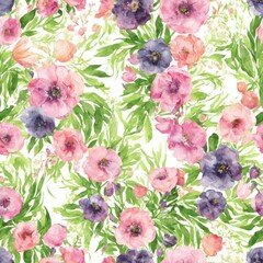 Seamless blooming flowers pattern in watercolor paint style