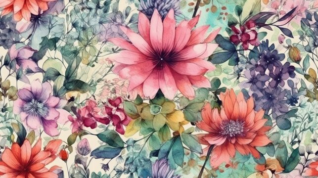 Seamless blooming flowers pattern in watercolor paint style