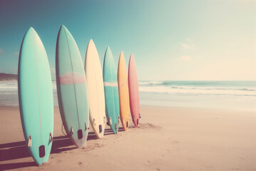  Patel surfboards on tropical beach. Retro colors toned image. Generative AI.