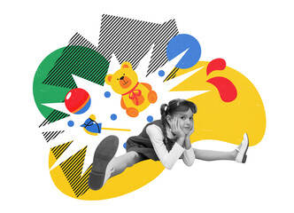 Cute little girl, child in stylish clothes sitting on twine on white background with colorful abstract doodles. Contemporary art collage. Concept of childhood, emotions, fun, dreams. Creative design