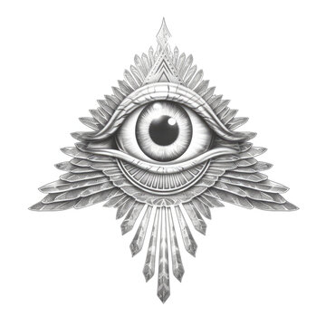 Eye of Providence with wings feathers black and white linear tattoo design icon, 