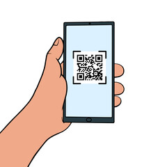 Hand holding a mobile phone with QR code on the screen. QR code scanning  in smartphone. Barcode scanner for pay, web, app, promo.