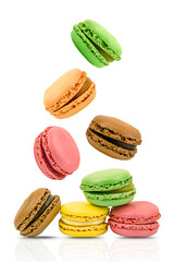 French colorful macaroons isolated on a transparent background. Colorful macaroons flying 
