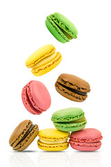 Macaroons  isolated on a transparent background. Colorful macaroons flying 