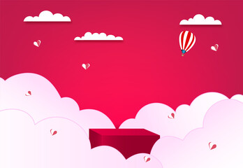 product advertisement podium on cloud and paper heart