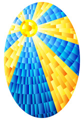 Obraz premium Illustration in stained glass style with abstract celestial landscape, sun with rays against the sky, oval image
