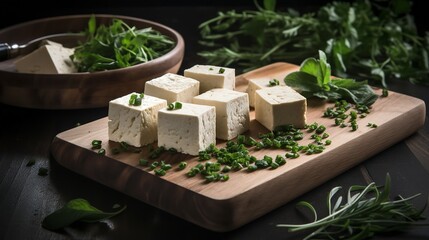 Tofu Blocks on a Cutting Board with Herbs
