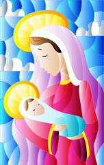 Illustration in stained glass style on biblical theme, Jesus baby with Mary , abstract figures on sky background with clouds, rectangular image