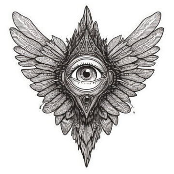 Eye with wings, Eye of providence, black and white linear tattoo design,