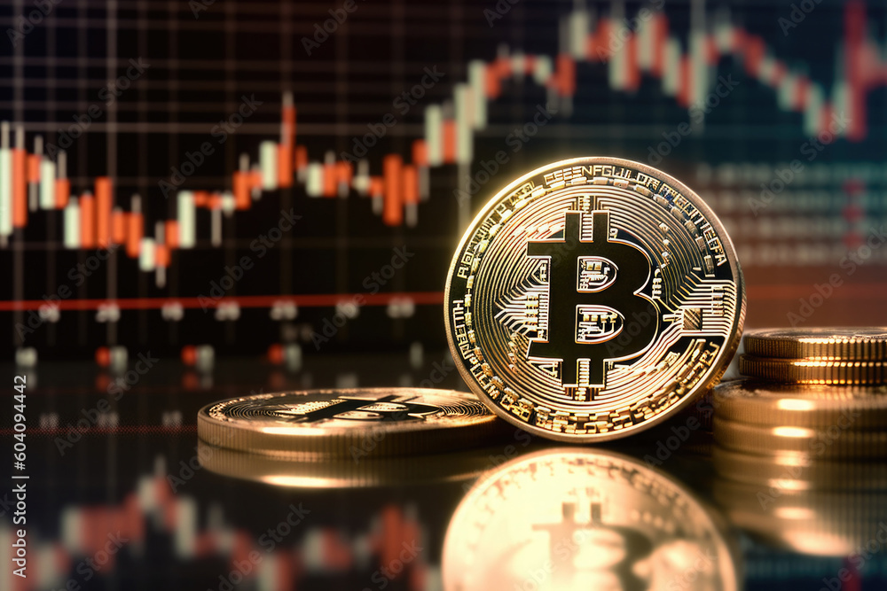 Poster virtual cryptocurrency concept. bitcoin against stock market chart background. blockchain technology