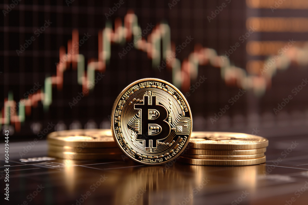 Poster virtual cryptocurrency concept. bitcoin against stock market chart background. blockchain technology